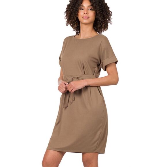 Zenana MOCHA TIE-BELT DRESS  - Picture 1 of 1